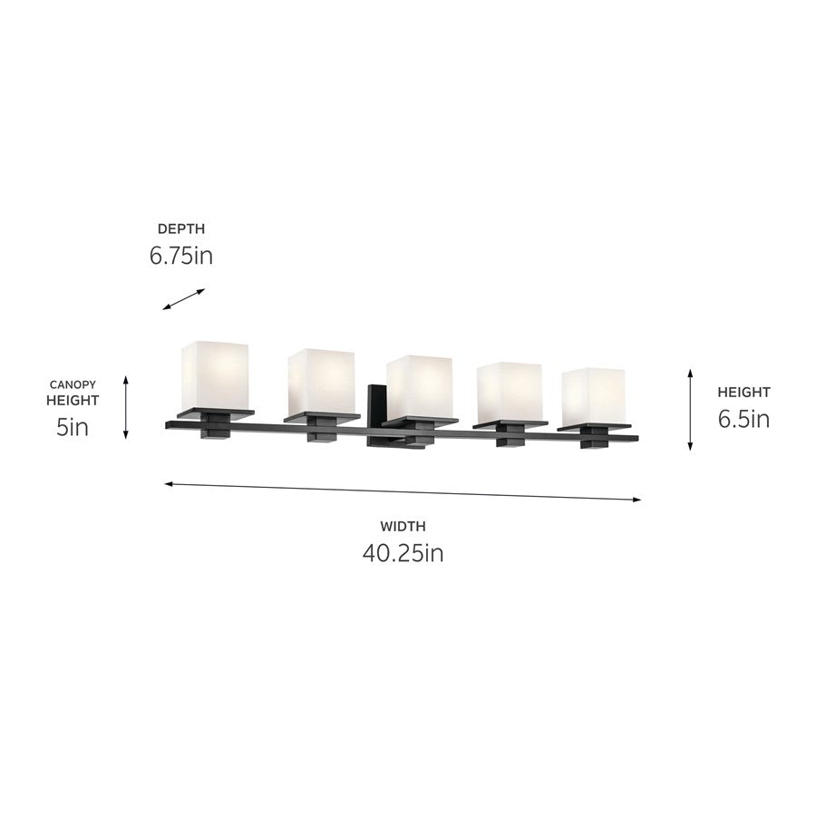 Kichler Tully 40in 5-Light Bath Vanity Light | Modern Black & Satin Etched Opal Glass | Bathroom Vanity Lighting | 5 A19 Bulbs, Dimmable | Model 45193BK