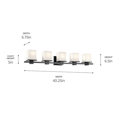 Kichler Tully 40in 5-Light Bath Vanity Light | Modern Black & Satin Etched Opal Glass | Bathroom Vanity Lighting | 5 A19 Bulbs, Dimmable | Model 45193BK