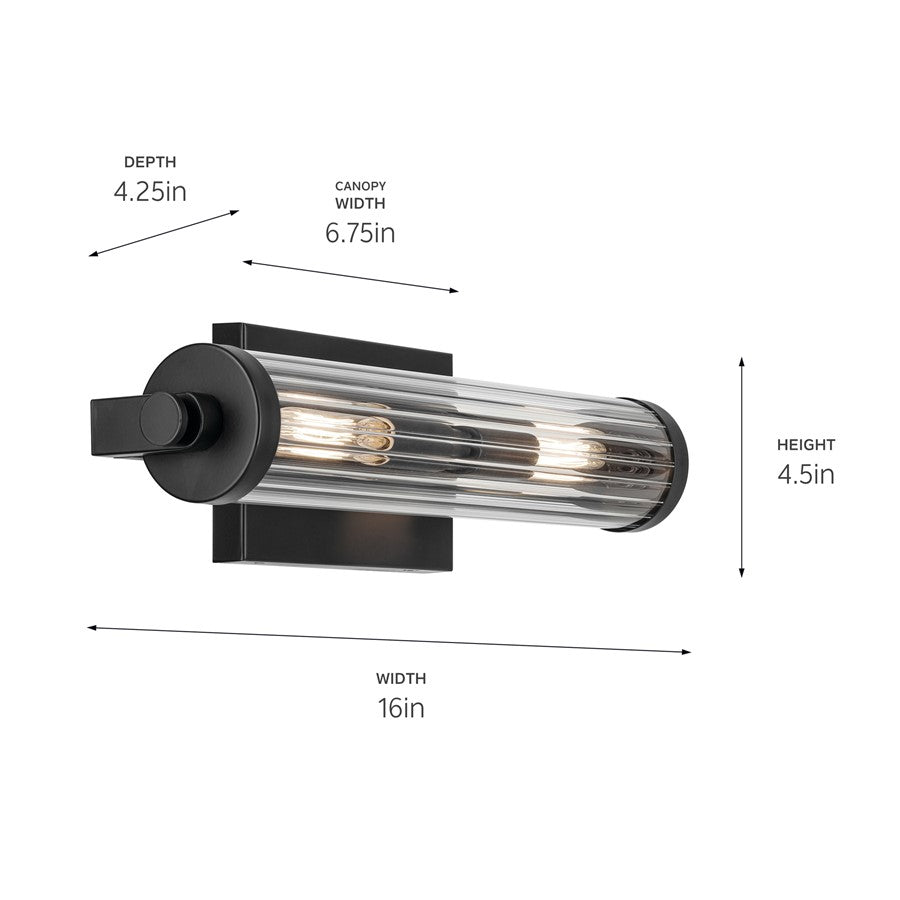 Kichler Azores 2 Light Wall Mt Bath 2 Arm, Black/Clear Fluted