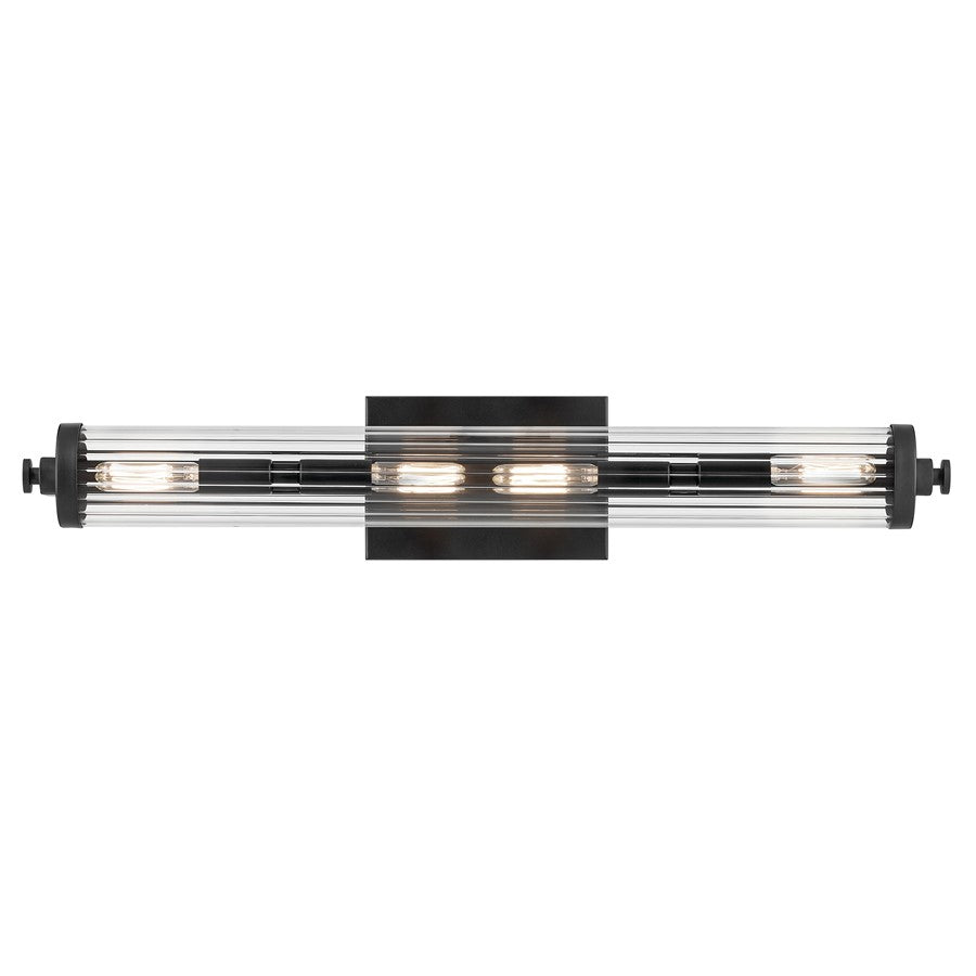 Kichler Azores 4 Light 24in Linear Bath Vanity | Industrial Black Steel & Clear Fluted Glass | Bathroom & Powder Room Vanity Light | Model 45649BK