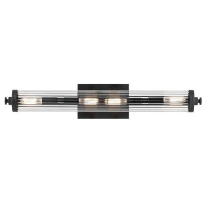 Kichler Azores 4 Light 24in Linear Bath Vanity | Industrial Black Steel & Clear Fluted Glass | Bathroom & Powder Room Vanity Light | Model 45649BK