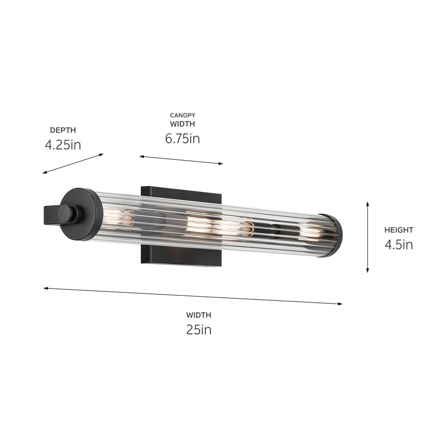 Kichler Azores 4 Light 24in Linear Bath Vanity | Industrial Black Steel & Clear Fluted Glass | Bathroom & Powder Room Vanity Light | Model 45649BK