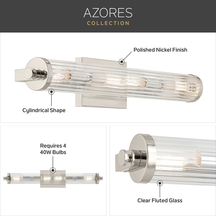 Kichler Azores 25in Linear Bath Vanity Light | Industrial Polished Nickel & Clear Fluted Glass | Bathroom Vanity & Makeup Mirror Light | Model 45649PN