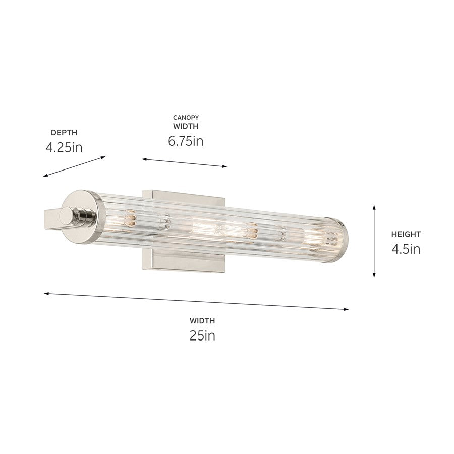 Kichler Azores 25in Linear Bath Vanity Light | Industrial Polished Nickel & Clear Fluted Glass | Bathroom Vanity & Makeup Mirror Light | Model 45649PN