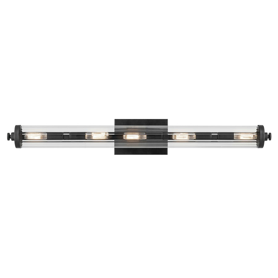 Kichler Azores 32in 5-Light Linear Vanity Light | Industrial Black Steel & Clear Fluted Glass | Bathroom & Powder Room Lighting | E12 Bulbs | Model 45650BK
