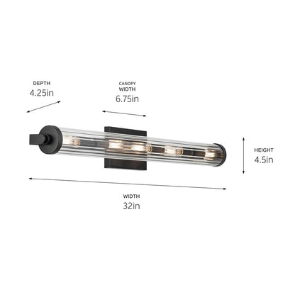 Kichler Azores 32in 5-Light Linear Vanity Light | Industrial Black Steel & Clear Fluted Glass | Bathroom & Powder Room Lighting | E12 Bulbs | Model 45650BK