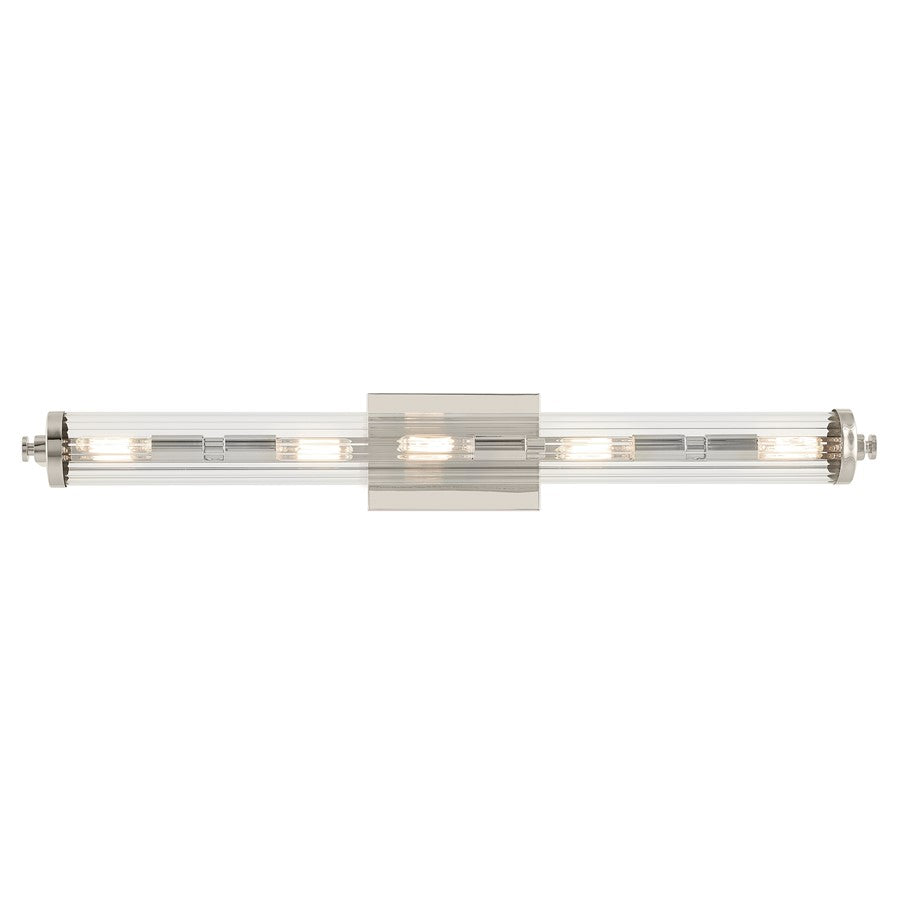 Kichler Azores 32in 5 Light Linear Vanity | Industrial Polished Nickel & Clear Fluted | Bathroom Vanity & Double Sink Light | 5 Bulbs 60W | Model 45650PN