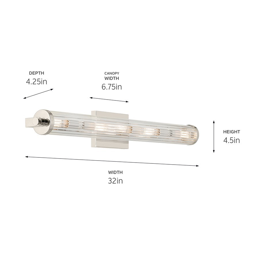 Kichler Azores 32in 5 Light Linear Vanity | Industrial Polished Nickel & Clear Fluted | Bathroom Vanity & Double Sink Light | 5 Bulbs 60W | Model 45650PN