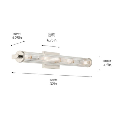 Kichler Azores 32in 5 Light Linear Vanity | Industrial Polished Nickel & Clear Fluted | Bathroom Vanity & Double Sink Light | 5 Bulbs 60W | Model 45650PN