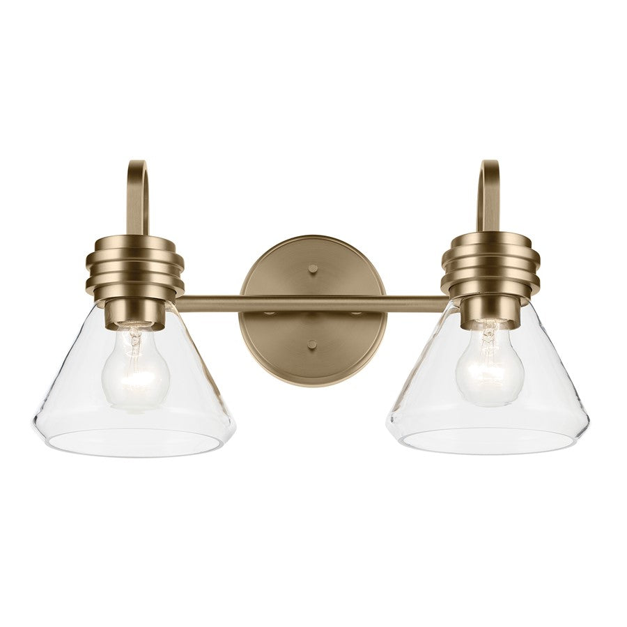 Kichler Farum 19.25in Wide 2-Light Vanity Light | Modern Cone Champagne Bronze & Clear Glass | Bathroom Vanity & Powder Room Lighting | Model 55154CPZCLR
