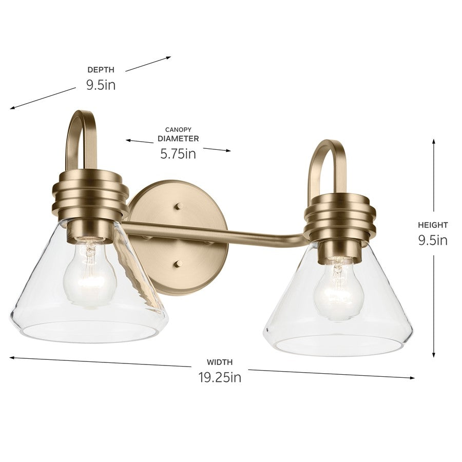 Kichler Farum 19.25in Wide 2-Light Vanity Light | Modern Cone Champagne Bronze & Clear Glass | Bathroom Vanity & Powder Room Lighting | Model 55154CPZCLR