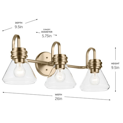 Kichler Farum 3-Light 26" Bath Vanity Light | Modern Champagne Bronze & Clear Glass | Bathroom & Powder Room Light | 3 Bulbs  x G25 | Model 55155CPZCLR
