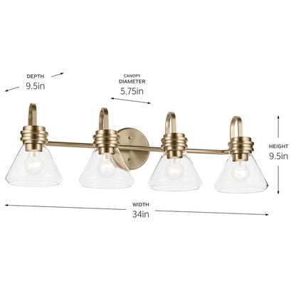 Kichler Farum 34in 4-Light Bathroom Vanity Light | Modern Champagne Bronze Steel & Clear Glass| Primary Bath & Powder Room | Model 55156CPZCLR
