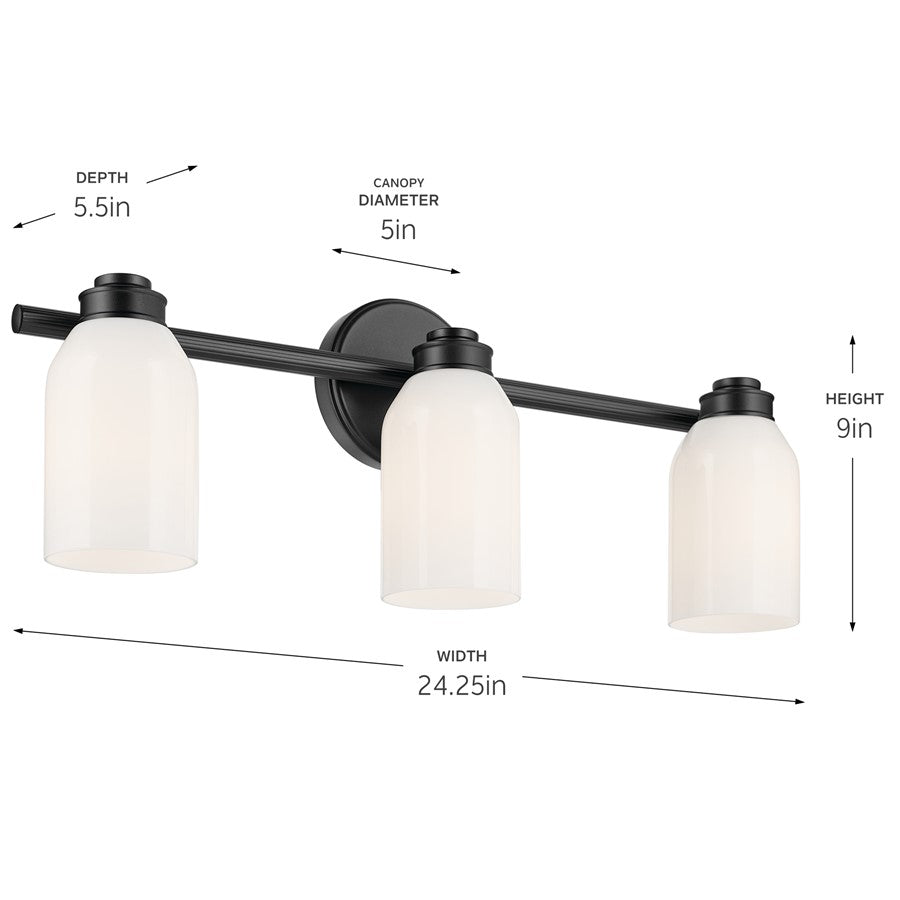 Kichler Shae 3 Light Wall Mt Bath 3 Arm, Black/Cased Opal