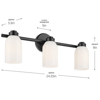 Kichler Shae 3 Light Wall Mt Bath 3 Arm, Black/Cased Opal
