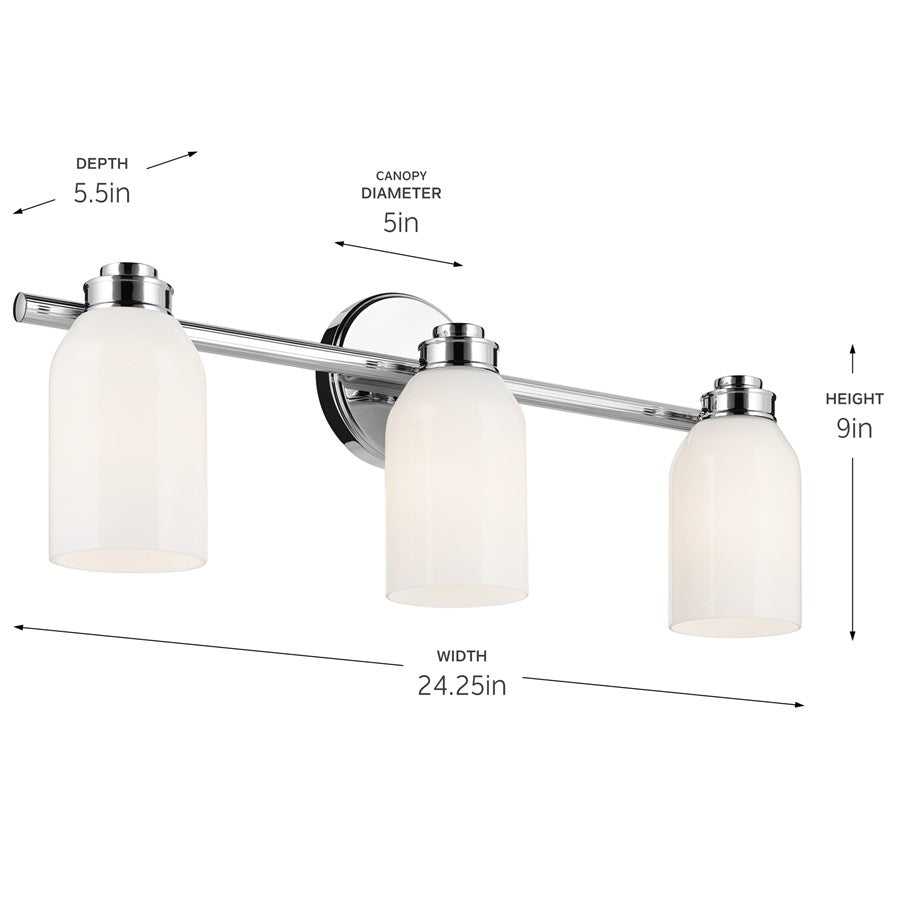 Kichler Shae 3-Light 24in Bath Vanity Light | Modern Chrome & Cased Opal Glass | Bathroom & Powder Room Fixture | 120V, Dimmable, 3-Bulb | Model 55202CH