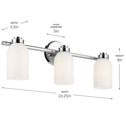 Kichler Shae 3-Light 24in Bath Vanity Light | Modern Chrome & Cased Opal Glass | Bathroom & Powder Room Fixture | 120V, Dimmable, 3-Bulb | Model 55202CH