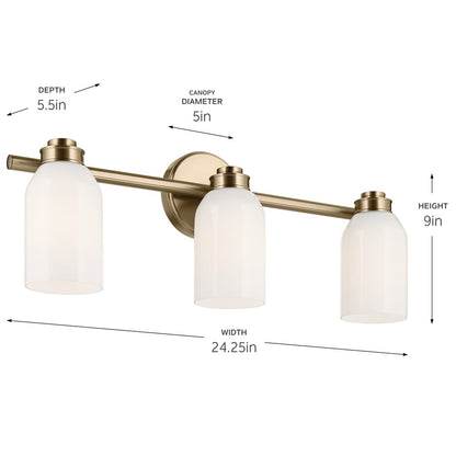 Kichler Shae 3-Light 24.25in Bathroom Vanity Light | Modern Coastal Champagne Bronze and Opal Glass | Master Bath & Double Vanity | 55202CPZ