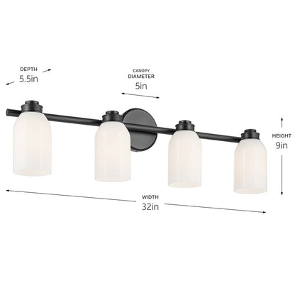 Kichler Shae 4 Light Wall Mt Bath 4 Arm, Black/Cased Opal