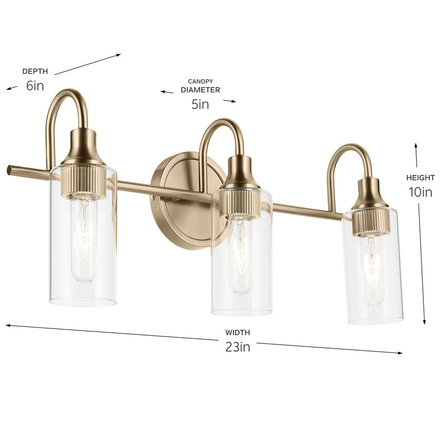 Kichler Kavi 23in 3-Light Vanity Light | Modern Champagne Bronze Steel & Clear Glass | Bathroom Vanity Lighting | Dimmable | Model 55211CPZ