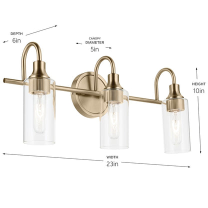 Kichler Kavi 23in 3-Light Vanity Light | Modern Champagne Bronze Steel & Clear Glass | Bathroom Vanity Lighting | Dimmable | Model 55211CPZ
