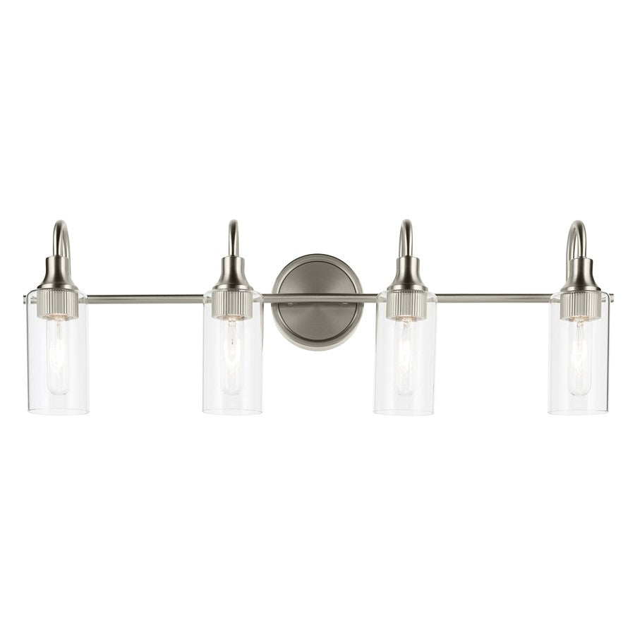 Kichler Kavi 31.5in Wide 4-Light Bathroom Vanity Light | Brushed Nickel Steel & Clear Glass | Modern Bath Vanity Lighting | 4 x T10 Bulbs | Model 55212NI