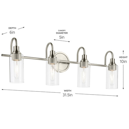 Kichler Kavi 31.5in Wide 4-Light Bathroom Vanity Light | Brushed Nickel Steel & Clear Glass | Modern Bath Vanity Lighting | 4 x T10 Bulbs | Model 55212NI