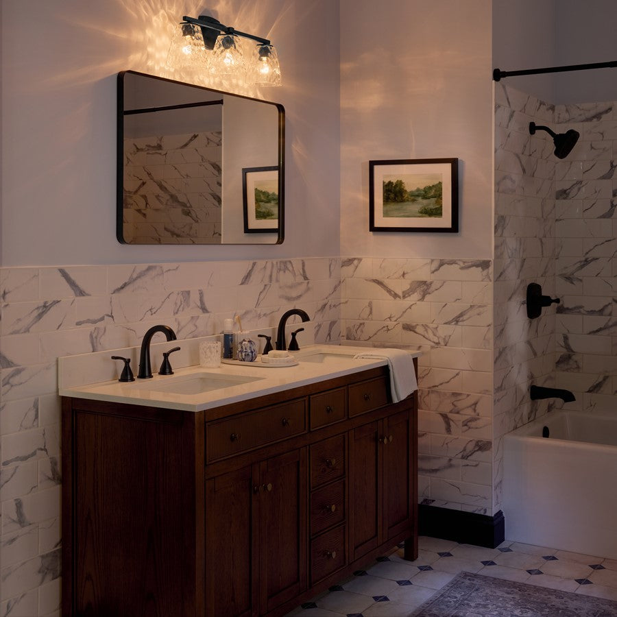 Kichler Marant 3-Light 24in Wide Vanity Light | Modern Black Steel & Opal Glass | Bathroom & Powder Room Light | 3 Bulbs, Dimmable | Model 55216BK