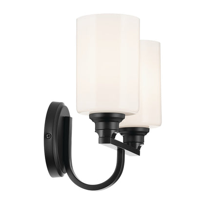 Kichler Gioe 14.25in Wide 2-Light Vanity Light | Modern Black Steel & White Glass | Bathroom Vanity & Damp-Rated Accent | 2-Light, Dimmable | Model 55225BK