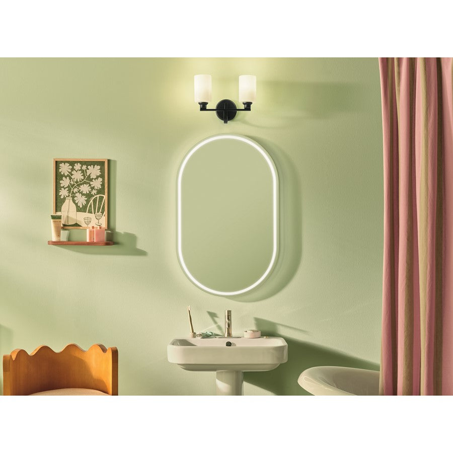 Kichler Gioe 14.25in Wide 2-Light Vanity Light | Modern Black Steel & White Glass | Bathroom Vanity & Damp-Rated Accent | 2-Light, Dimmable | Model 55225BK