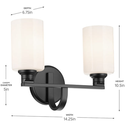 Kichler Gioe 14.25in Wide 2-Light Vanity Light | Modern Black Steel & White Glass | Bathroom Vanity & Damp-Rated Accent | 2-Light, Dimmable | Model 55225BK