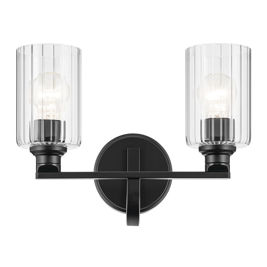 Kichler Gioe 2-Light 14in Vanity Light | Modern/Contemporary Matte Black Steel & Clear Fluted Glass | Bathroom & Powder Room Light | Model 55225BKFLU