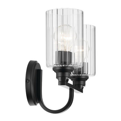 Kichler Gioe 2-Light 14in Vanity Light | Modern/Contemporary Matte Black Steel & Clear Fluted Glass | Bathroom & Powder Room Light | Model 55225BKFLU