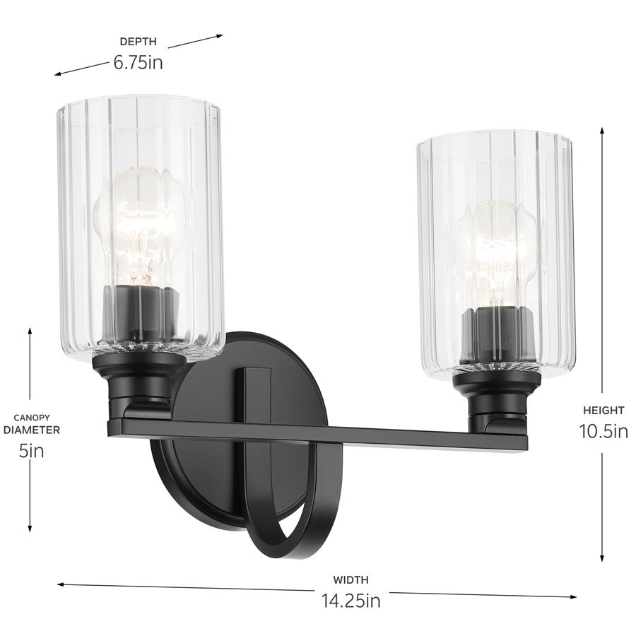 Kichler Gioe 2-Light 14in Vanity Light | Modern/Contemporary Matte Black Steel & Clear Fluted Glass | Bathroom & Powder Room Light | Model 55225BKFLU