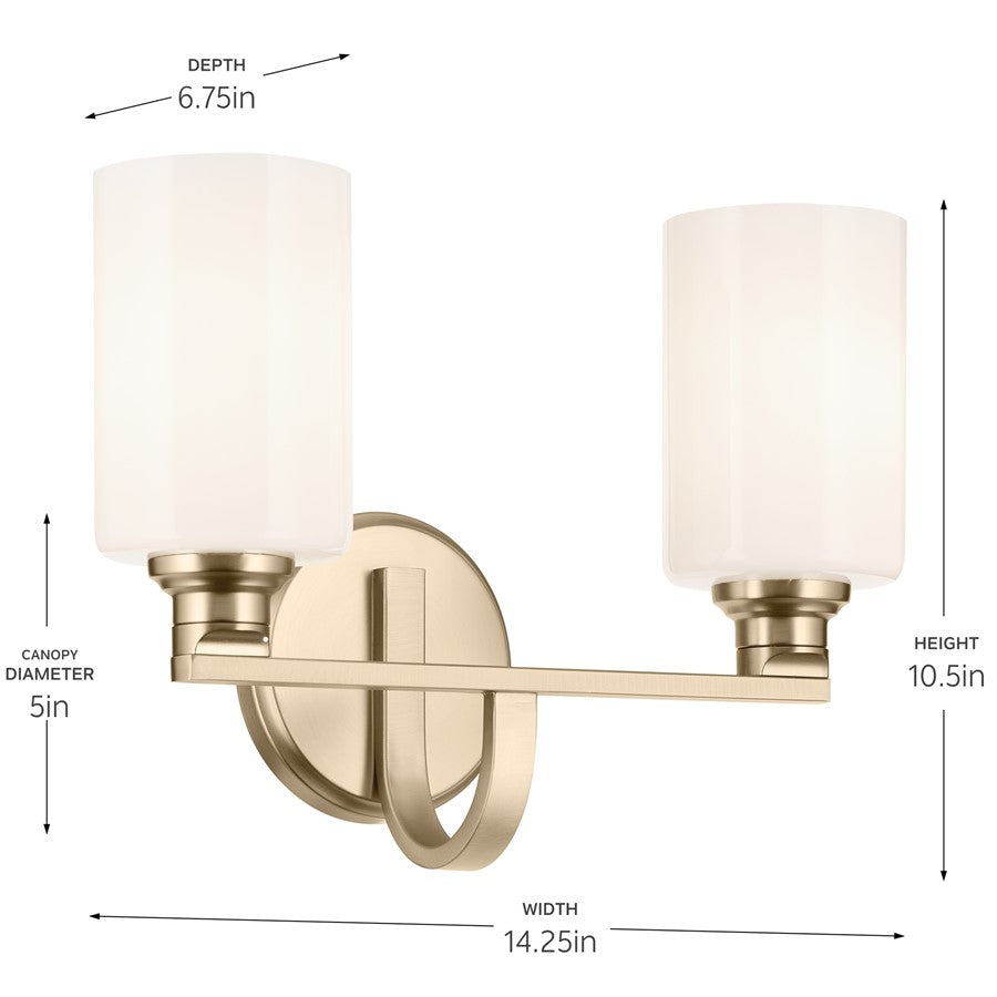 Kichler Gioe 14in Wide 2-Light Bath Vanity Light | Modern Champagne Bronze & White Glass | Bathroom & Powder Room Vanity Light | 60W | Model 55225CPZ