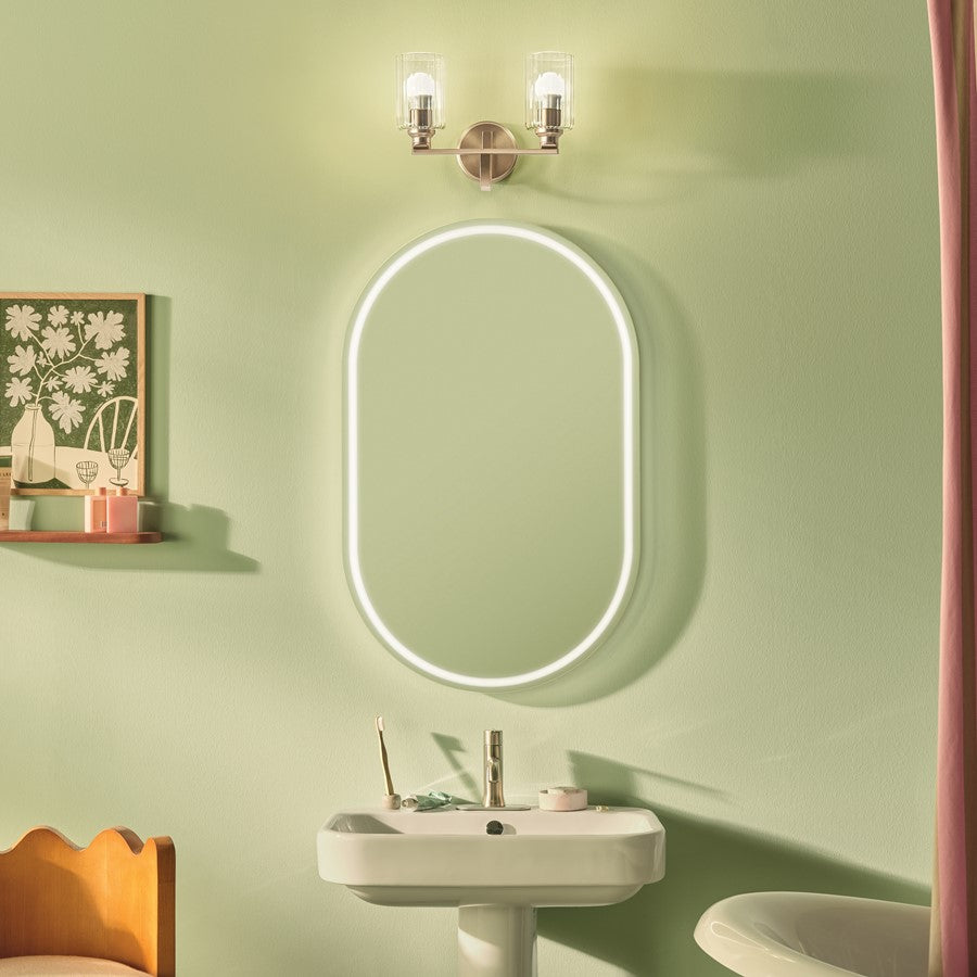 Kichler Gioe 14in Wide 2-Light Bath Vanity Light | Champagne Bronze Steel & Clear Fluted Glass | Bathroom & Powder Room | 2x 60W E26 | Model 55225CPZFLU