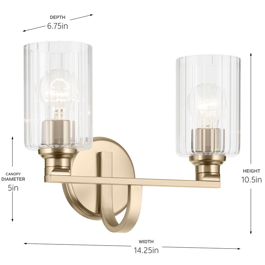 Kichler Gioe 14in Wide 2-Light Bath Vanity Light | Champagne Bronze Steel & Clear Fluted Glass | Bathroom & Powder Room | 2x 60W E26 | Model 55225CPZFLU