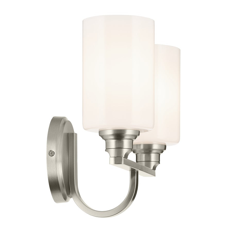 Kichler Gioe 2-Light Bath Vanity Light | Modern Brushed Nickel & Opal Glass | Bathroom Vanity Mirror Lighting | 14.25W x 10.5H, 2 A19 Bulbs | Model 55225NI