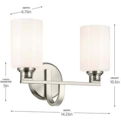 Kichler Gioe 2-Light Bath Vanity Light | Modern Brushed Nickel & Opal Glass | Bathroom Vanity Mirror Lighting | 14.25W x 10.5H, 2 A19 Bulbs | Model 55225NI