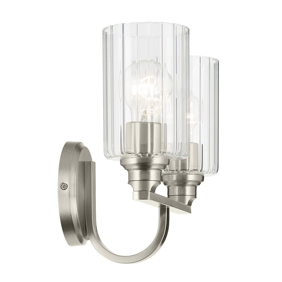 Kichler Gioe 14.25in 2-Light Bath Vanity | Modern Brushed Nickel & Clear Fluted Glass | Bathroom & Powder Room Vanity Light | 120V | Model 55225NIFLU