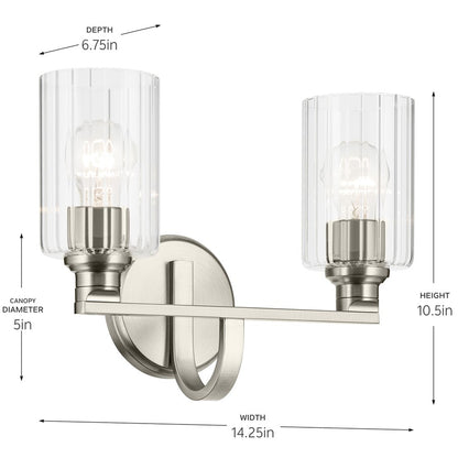 Kichler Gioe 14.25in 2-Light Bath Vanity | Modern Brushed Nickel & Clear Fluted Glass | Bathroom & Powder Room Vanity Light | 120V | Model 55225NIFLU