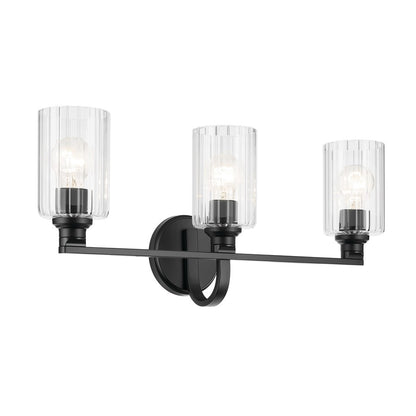 Kichler Gioe 3 Light Wall Mt Bath 3 Arm, Black/Clear Fluted - 55226BKFLU