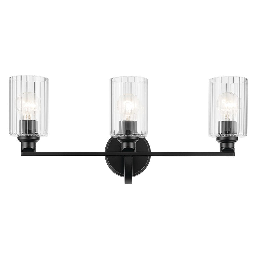 Kichler Gioe 24.25in 3-Light Bath Vanity Light | Modern Black Steel & Clear Fluted Glass | Bathroom Vanity & Mirror Lighting | Model 55226BKFLU