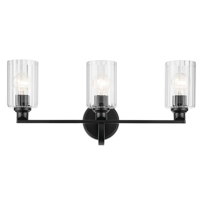 Kichler Gioe 24.25in 3-Light Bath Vanity Light | Modern Black Steel & Clear Fluted Glass | Bathroom Vanity & Mirror Lighting | Model 55226BKFLU