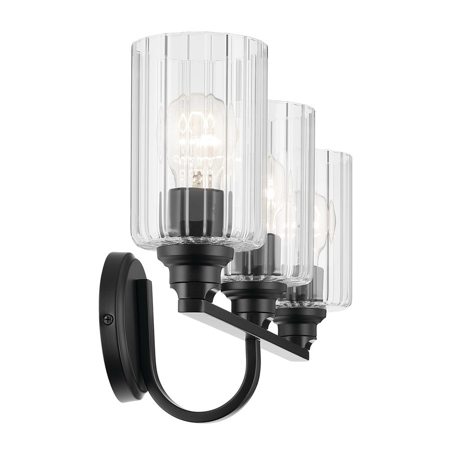 Kichler Gioe 24.25in 3-Light Bath Vanity Light | Modern Black Steel & Clear Fluted Glass | Bathroom Vanity & Mirror Lighting | Model 55226BKFLU