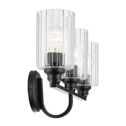 Kichler Gioe 24.25in 3-Light Bath Vanity Light | Modern Black Steel & Clear Fluted Glass | Bathroom Vanity & Mirror Lighting | Model 55226BKFLU
