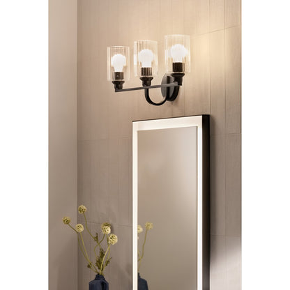Kichler Gioe 24.25in 3-Light Bath Vanity Light | Modern Black Steel & Clear Fluted Glass | Bathroom Vanity & Mirror Lighting | Model 55226BKFLU