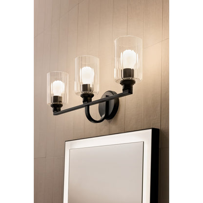 Kichler Gioe 24.25in 3-Light Bath Vanity Light | Modern Black Steel & Clear Fluted Glass | Bathroom Vanity & Mirror Lighting | Model 55226BKFLU
