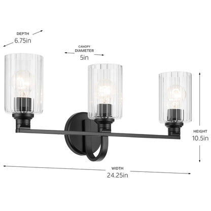 Kichler Gioe 24.25in 3-Light Bath Vanity Light | Modern Black Steel & Clear Fluted Glass | Bathroom Vanity & Mirror Lighting | Model 55226BKFLU