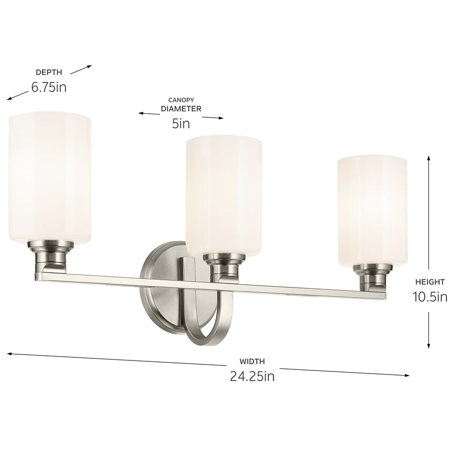 Kichler Gioe 3-Light 24in Vanity Light | Modern Brushed Nickel & White Glass | Bathroom Vanity Light | 120V, Dimmable, 3-Bulbs | Model 55226NI
